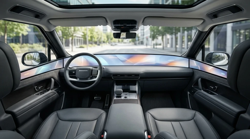 Modernes Fahrzeug-Cockpit mit Panoramic-Display und reduziertem Schalterlayout.