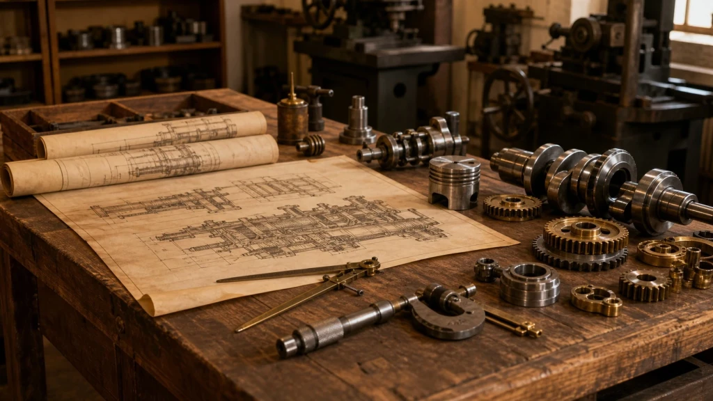 Historischer Werkstatt-Tisch mit Bauplänen von Flugmotoren aus den Anfangsjahren von BMW