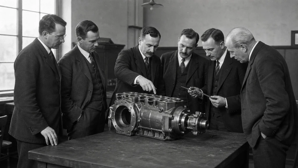 Historisches Bild von Ingenieuren bei der Arbeit an Motoren im frühen 20. Jahrhundert