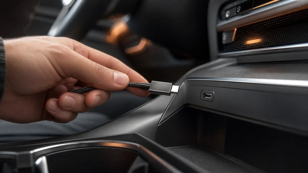 Ein USB-Kabel wird an den USB-Anschluss im Auto angeschlossen.