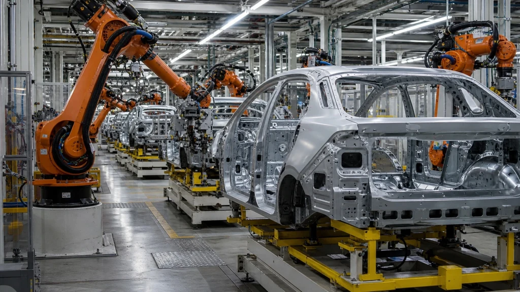 Moderne Automobilfertigung und Fahrzeugmontage in einer deutschen Produktionshalle