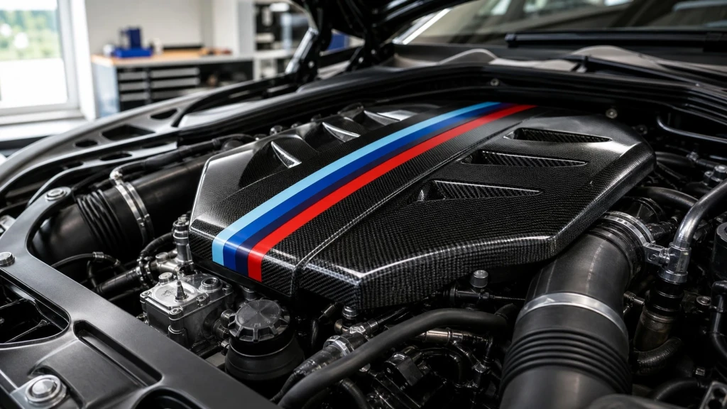 Motorraum eines BMW M-Modells mit den charakteristischen M-Farben.