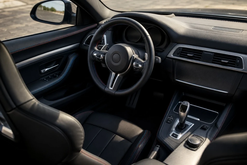Sportliches Cockpit eines BMW M Performance Modells mit M-Lenkrad und Sportsitzen.