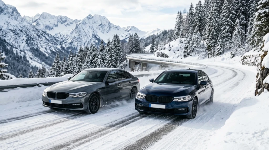 BMW xDrive im Schnee im Vergleich zu einem Fahrzeug mit Einachsantrieb