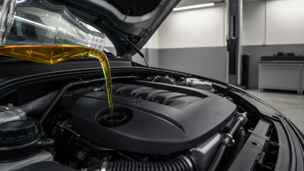 Frisches Motoröl mit BMW Longlife Spezifikation beim Ölwechsel in der Werkstatt