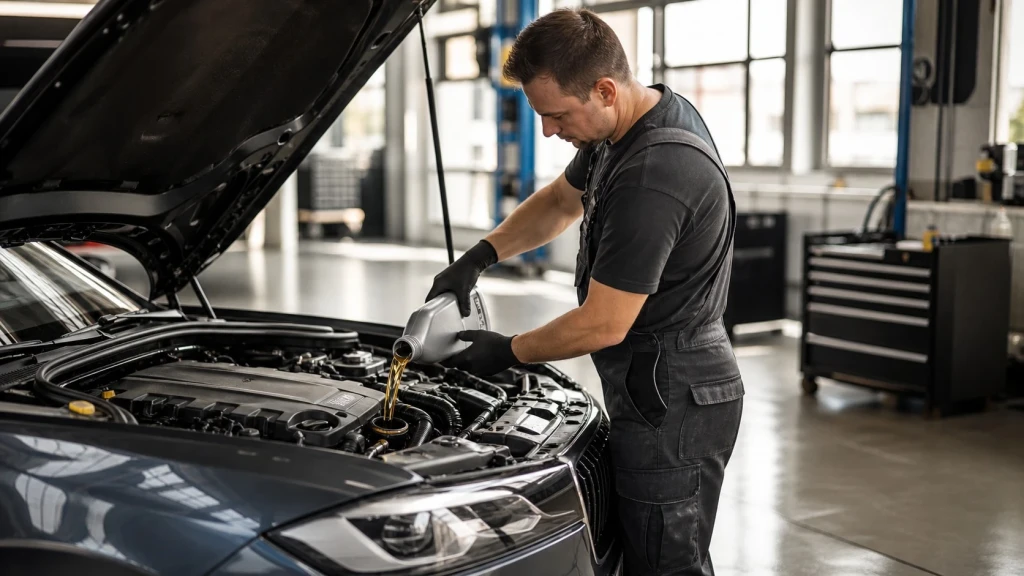 Professioneller Ölwechsel und Servicearbeiten an einem Fahrzeug in der Werkstatt