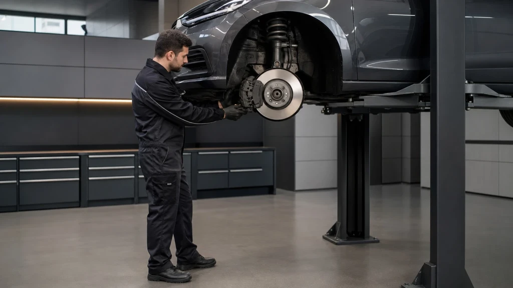Werkstatt-Techniker bei der Inspektion der Bremsanlage und des Fahrwerks