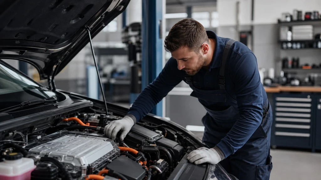 Ein Kfz-Mechaniker bei der Wartung eines modernen Hybridfahrzeugs in einer Werkstatt in Deutschland.