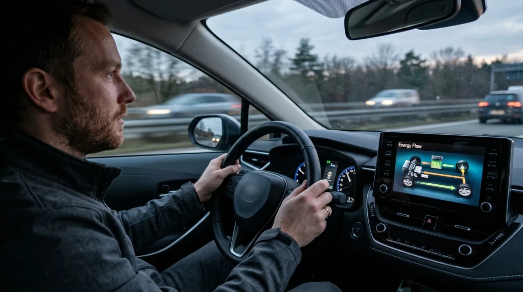 Die Energiefluss-Anzeige auf dem Display eines Hybrid-Fahrzeugs während der Fahrt auf der Autobahn.