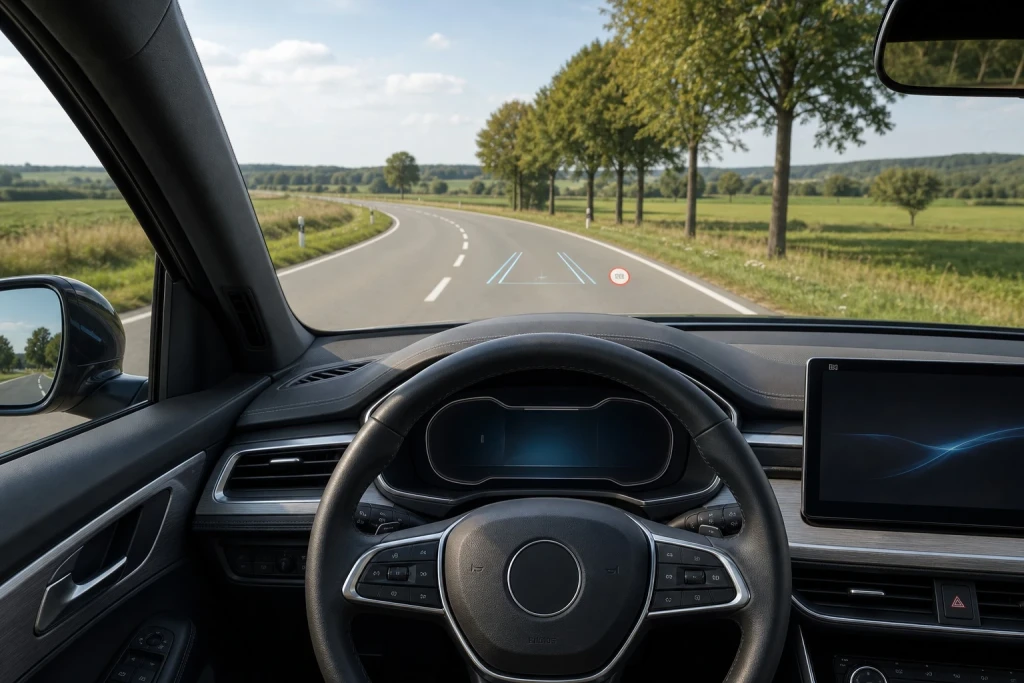 Fahrerperspektive aus dem Cockpit mit Head-up-Display und Anzeigen für die Spurhaltung und Verkehrszeichen.