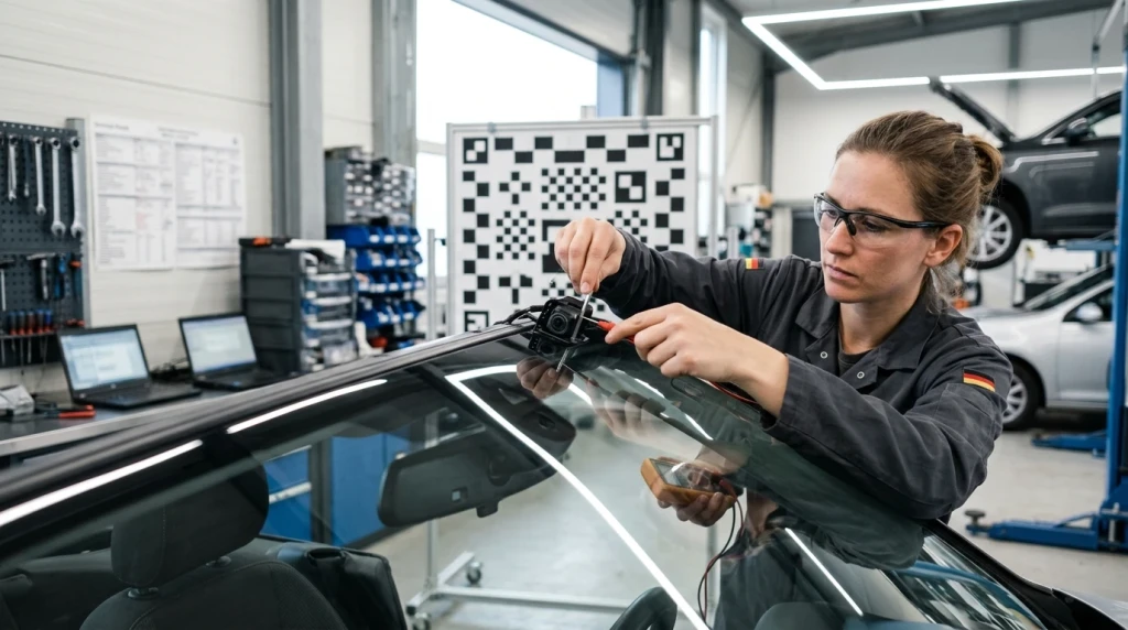 Kalibrierung einer Frontkamera für Assistenzsysteme in einer Fachwerkstatt in Deutschland.