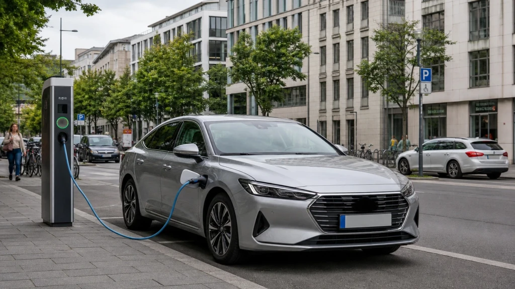 Ein Plug-in-Hybrid laedt an einer oeffentlichen AC-Ladestation in einer deutschen Stadt.
