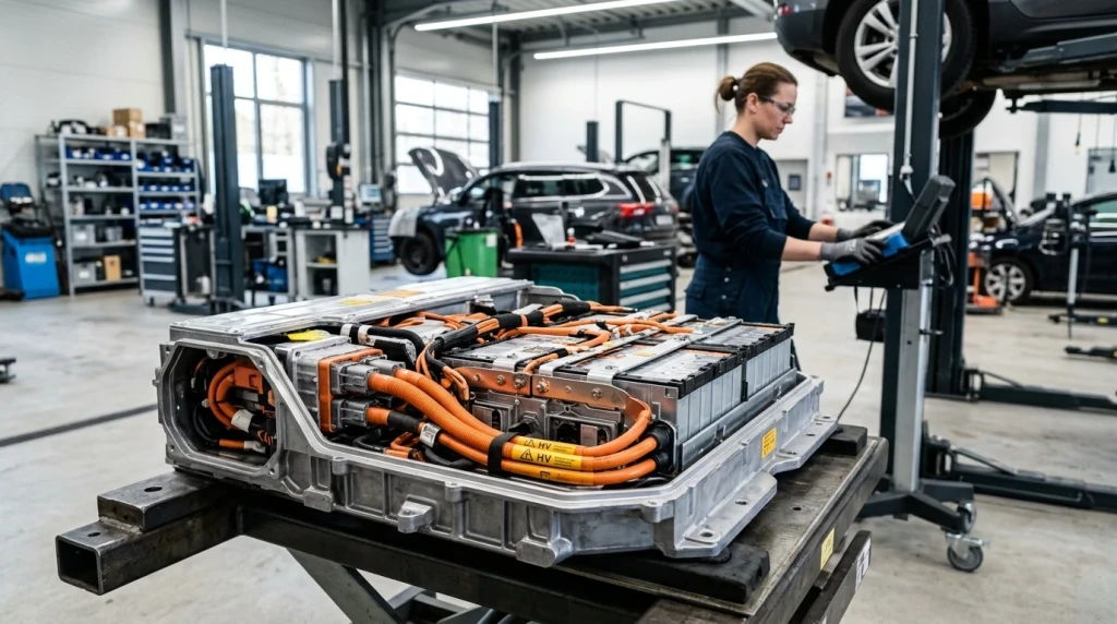 Detailansicht einer Hybrid-Batterie in einer Kfz-Werkstatt in Deutschland.