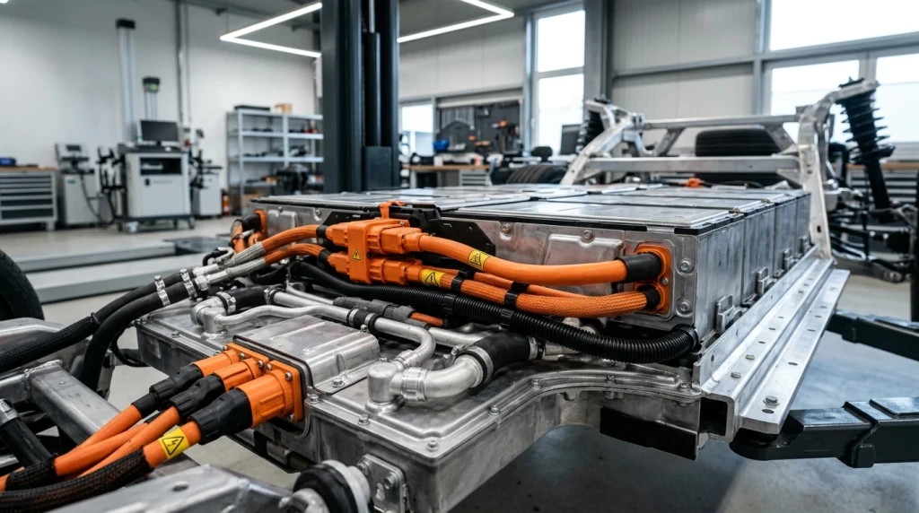 Nahaufnahme eines modernen Elektroauto-Akkusystems mit Hochvoltkabeln in einer Prüfhalle.