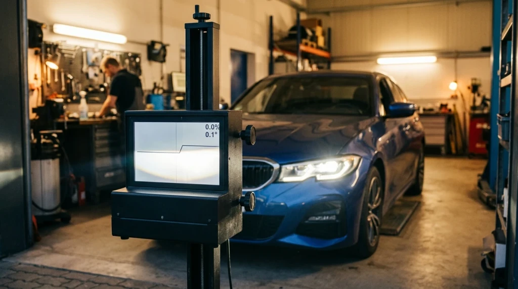 Professionelle Einstellung der Autoscheinwerfer mit einem Einstellgerät in einer Werkstatt.