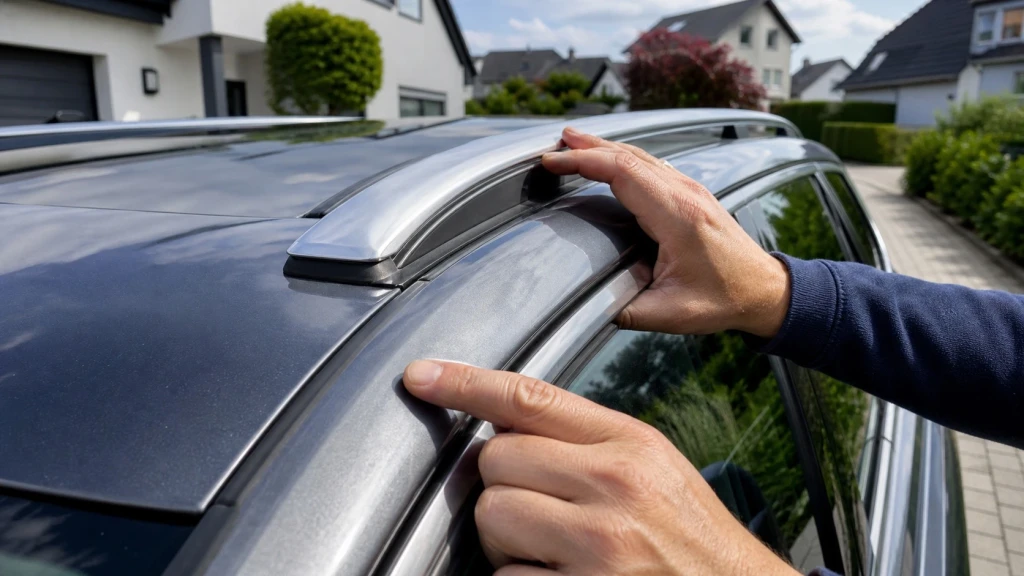 Nahaufnahme der Überprüfung einer geschlossenen Dachreling an einem SUV in Deutschland.