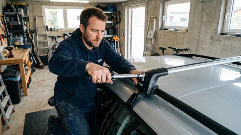 Montage eines Dachträgers an einem Autodach unter Verwendung eines Drehmomentschlüssels in einer deutschen Garage.