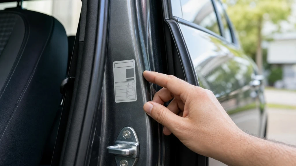 Eine Hand zeigt auf den Farbcode-Aufkleber an der B-Säule eines Autos