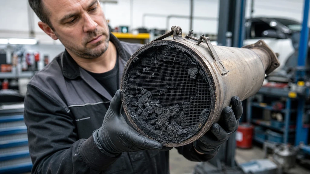 Ein Mechaniker untersucht einen verschmutzten Dieselpartikelfilter in einer deutschen Werkstatt.