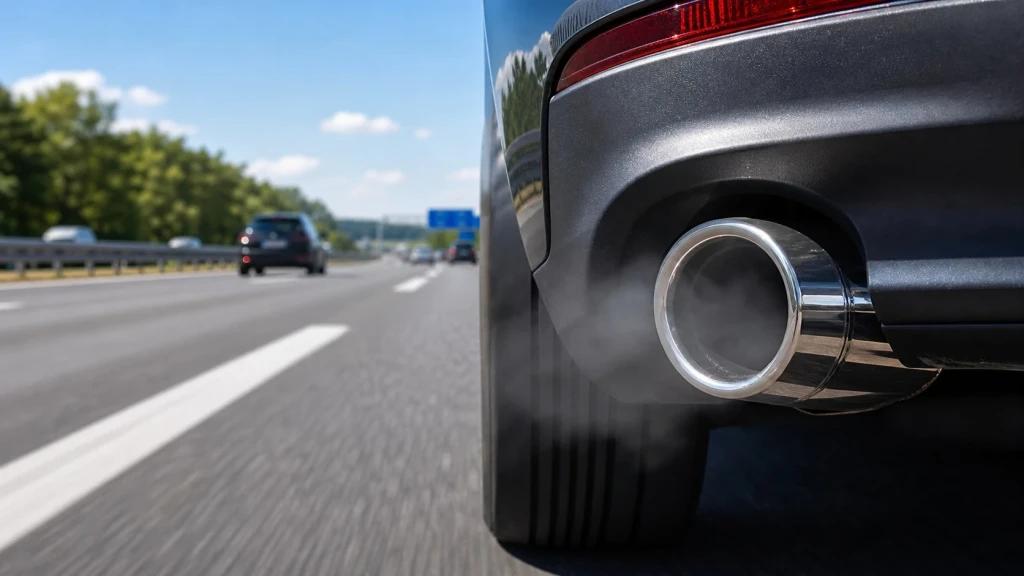 Ein sauberes Auspuffrohr eines modernen Autos auf einer deutschen Autobahn zur Veranschaulichung der Emissionen von Benziner und Diesel