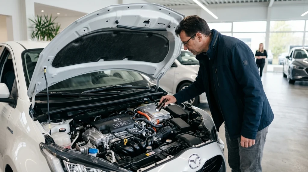 Ein Blick in den Motorraum eines Mazda 2 Hybrid in einem deutschen Autohaus