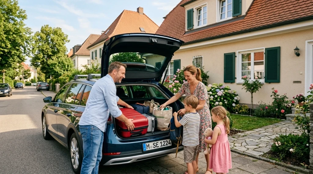 Eine Familie belädt den geräumigen Kofferraum eines Škoda Octavia Combi in Deutschland