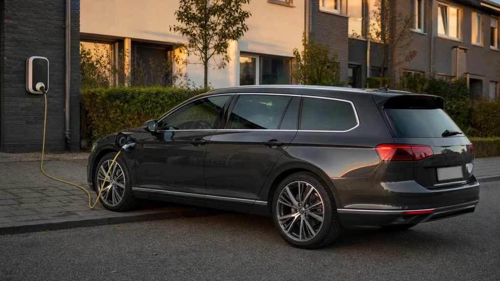 Ein grauer VW Passat Variant Plug-in-Hybrid lädt an einer Stromtankstelle in Deutschland.