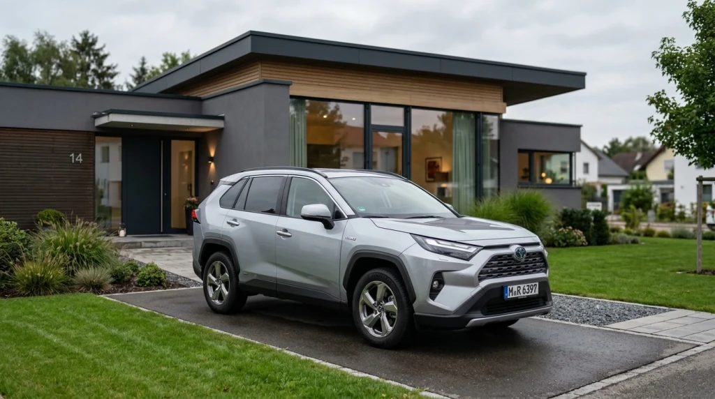 Die neue sechste Generation des Toyota RAV4 Hybrid-SUV steht vor einem modernen Wohnhaus in Deutschland.