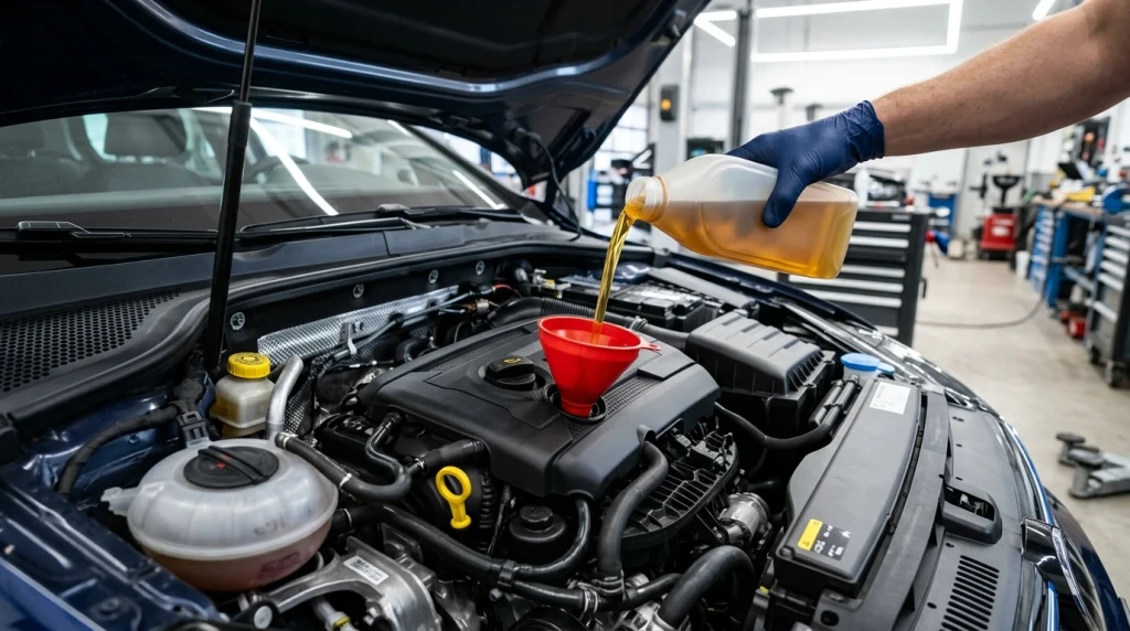 Motoröl wird vorsichtig über einen Trichter in den Motorraum eines Pkw nachgefüllt.