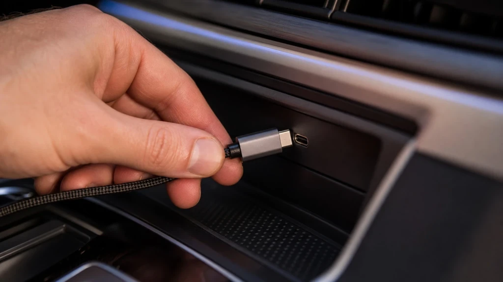 Einstecken eines USB-Datenkabels in den Anschluss des Autos zur Aktivierung von Android Auto