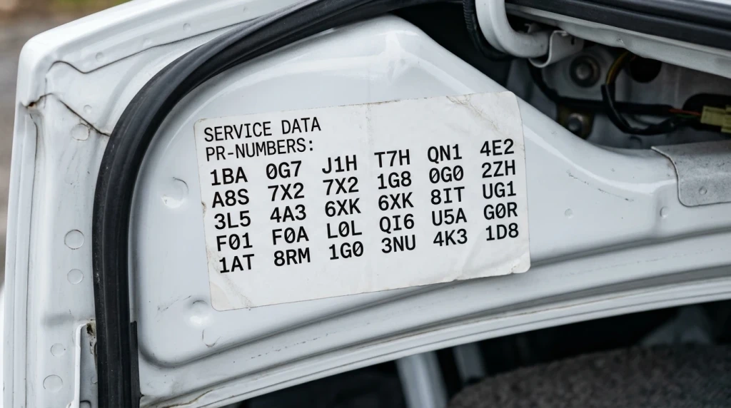 Service-Aufkleber mit PR-Nummern im Kofferraum eines VW-Konzern-Fahrzeugs zur Ausstattungssuche