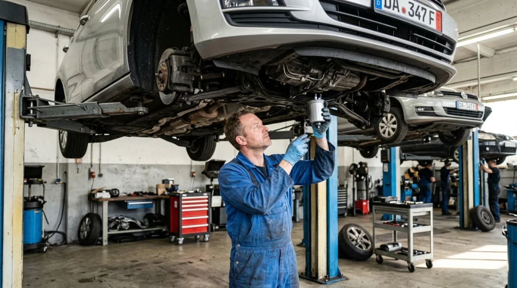 Eine Fachwerkstatt führt die Tankreinigung und den Austausch des Kraftstofffilters durch.