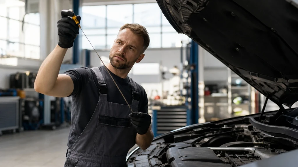 Ein Mechaniker prüft den Ölstand eines Benzinmotors in einer Werkstatt.