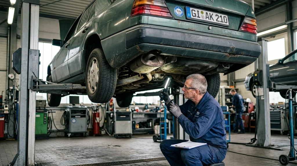 Ein gebrauchtes Auto bei der Hauptuntersuchung in einer Prüfstation in Deutschland.