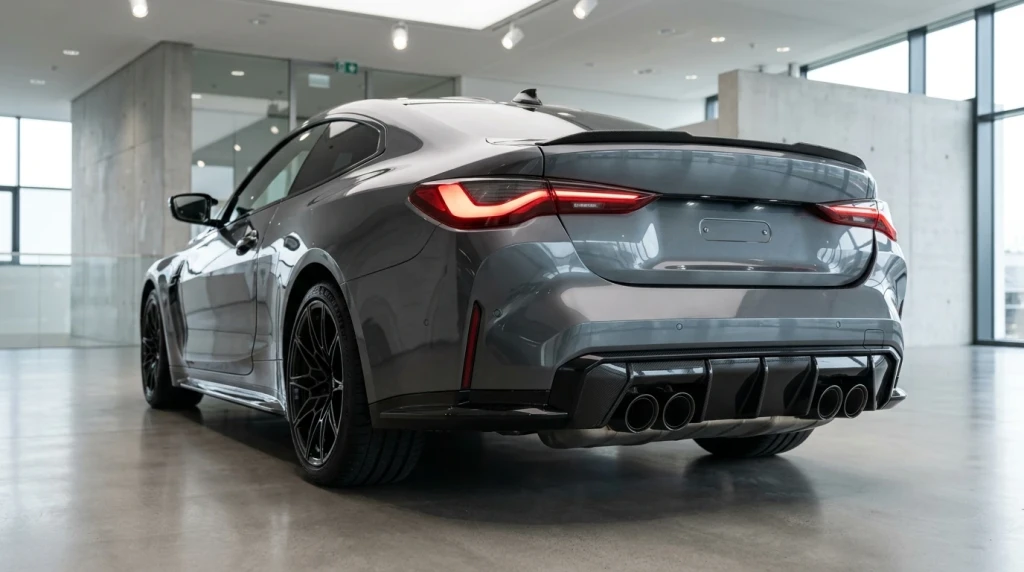 Heckansicht eines BMW M4 Competition mit Sportauspuffanlage