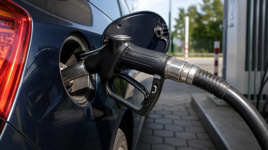 Nahaufnahme einer Zapfpistole beim Tanken an einer Tankstelle in Deutschland.