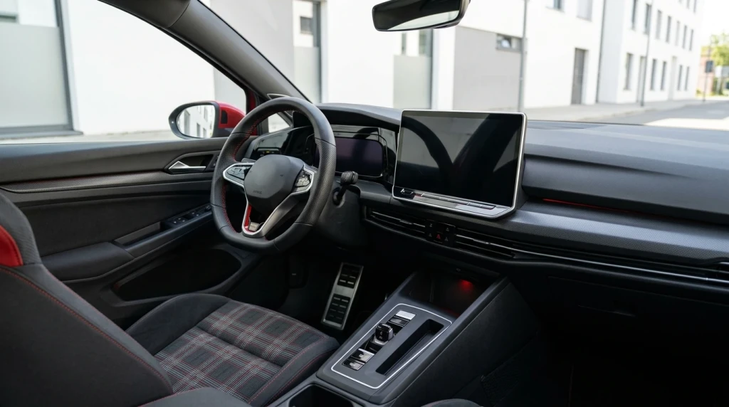 Innenraum des Golf GTI Facelift mit dem neuen 12,9-Zoll-Touchdisplay und beleuchteten Slidern.