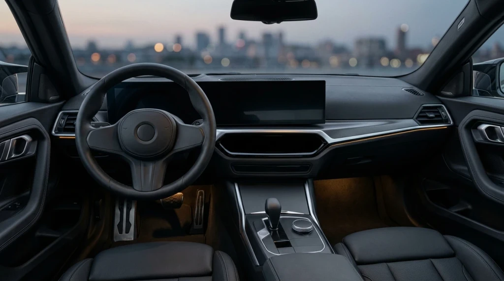 Das moderne Curved Display und das Lenkrad im Cockpit des neuen BMW 2er Modells.