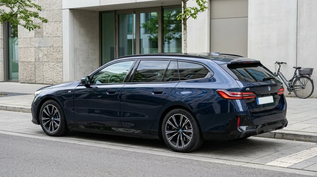 2026 BMW i5 Touring in Dunkelblau aus der Seitenperspektive