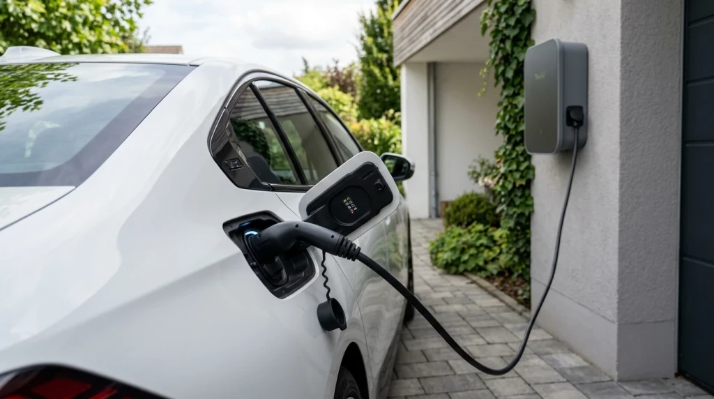BMW i5 wird an einer heimischen Wallbox geladen