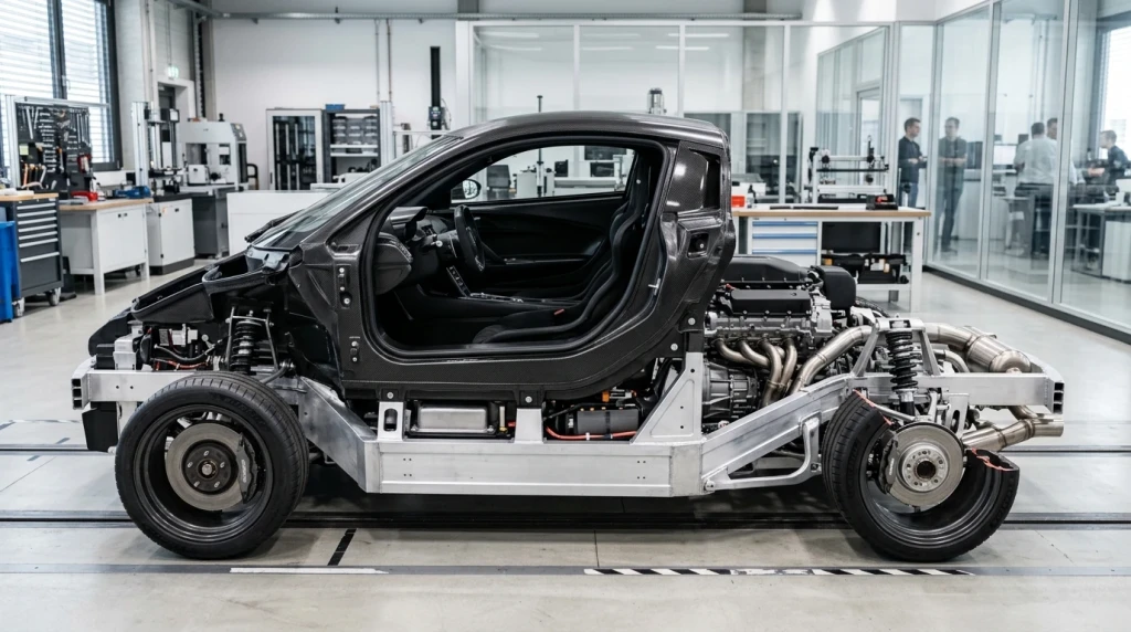 Schnittmodell der ultraleichten Fahrgastzelle aus kohlenstofffaserverstärktem Kunststoff und Aluminium-Chassis bei BMW.