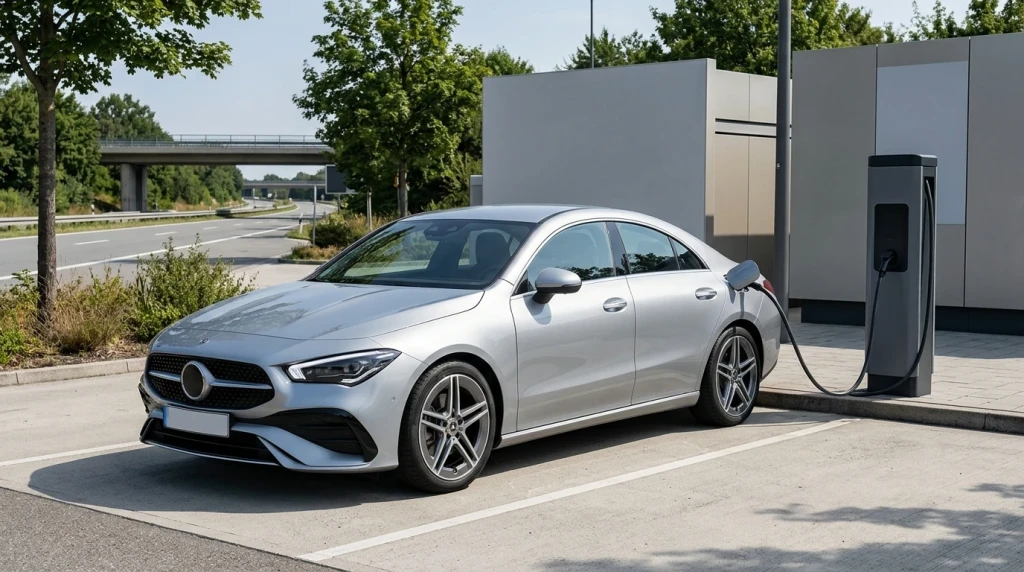 Der elektrische 2026 Mercedes-Benz CLA wird an einer 800-Volt-Schnellladesäule aufgeladen.