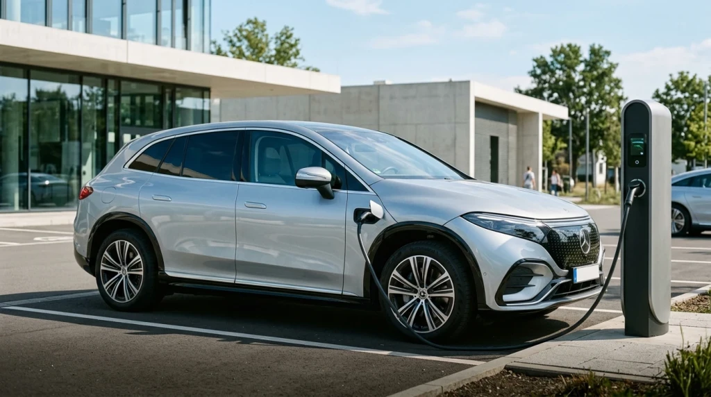 Welche Mercedes Modelle kommen 2026: Der elektrische SUV GLC EQ an einer Schnellladestation.