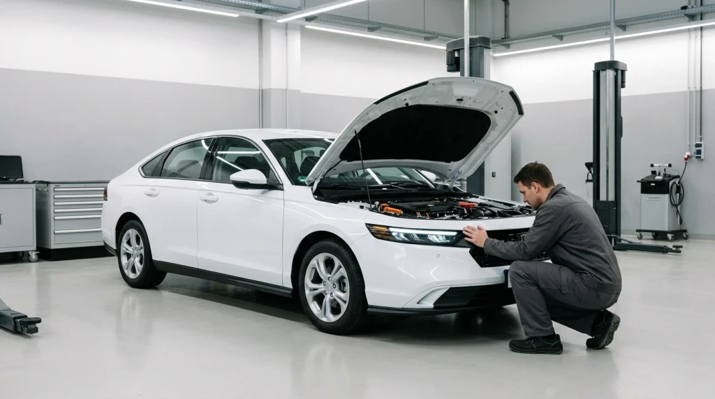 Weißer 2026 Honda Accord nach Deutschland geholt bei der Inspektion in einer Werkstatt in München