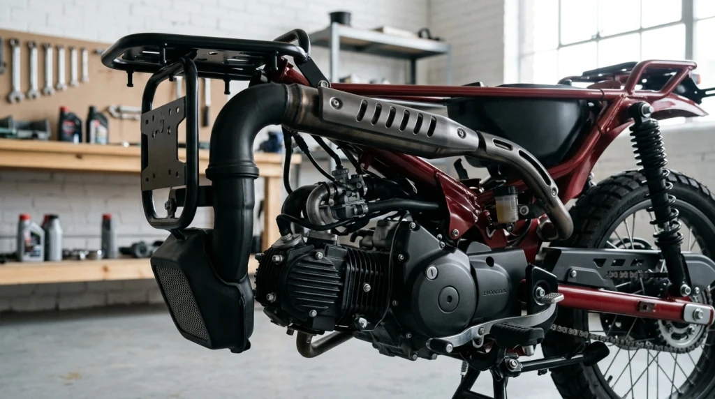 Detailansicht des luftgekühlten 123-cm³-Einzylindermotors der Honda CT125 Hunter Cub