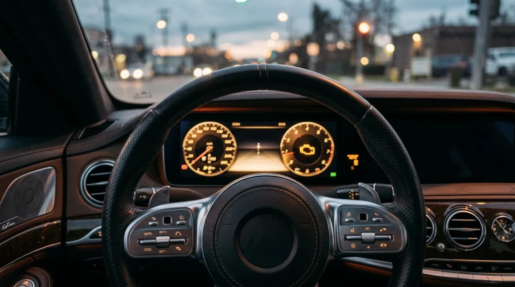 Motorkontrollleuchte im Mercedes-Kombiinstrument als mögliches Symptom für Kettenlängung