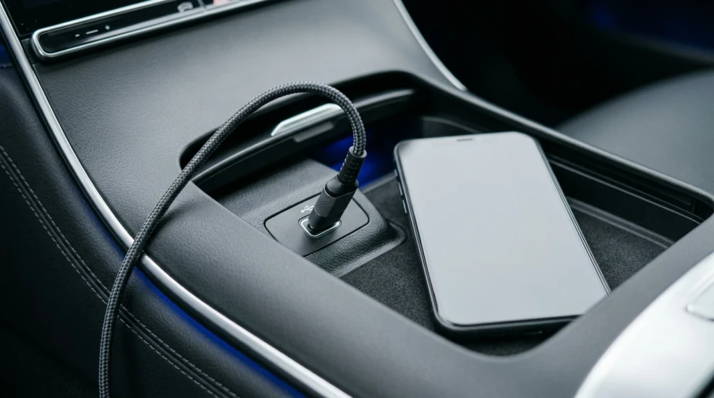 Hochwertiges USB-Datenkabel angeschlossen an der Mittelkonsole eines Autos für Android Auto