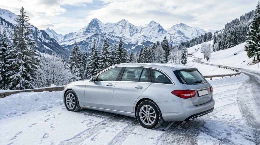 Mercedes C-Klasse T-Modell W205 mit originalen Winterrädern auf verschneiter Straße