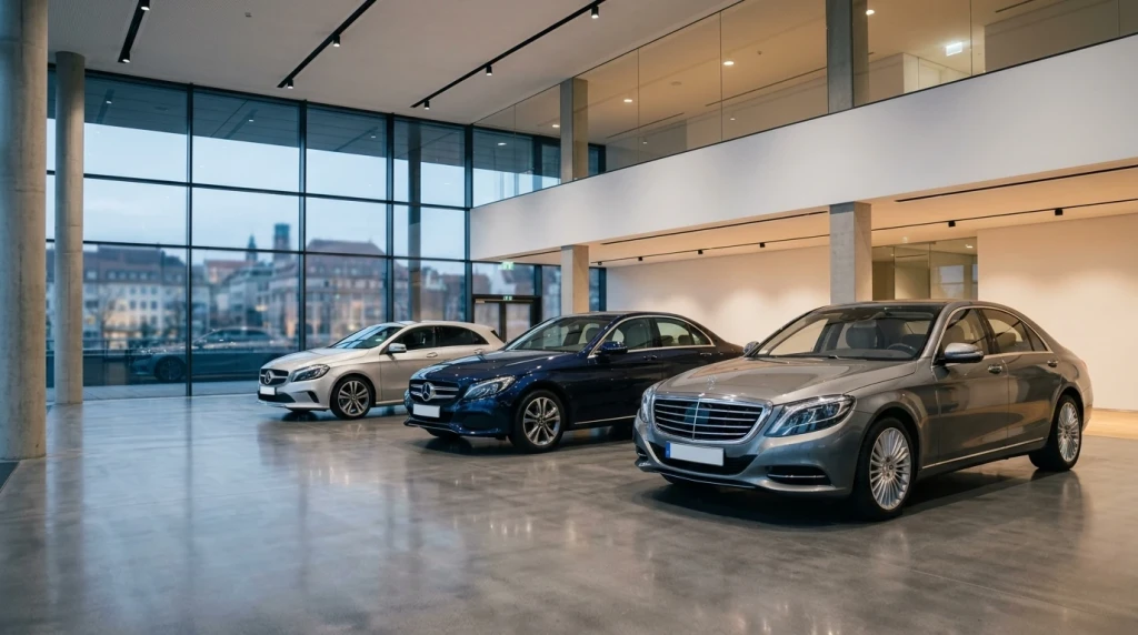 Uebersicht verschiedener Mercedes-Benz Klassen vom Kompaktwagen bis zur S-Klasse im Showroom