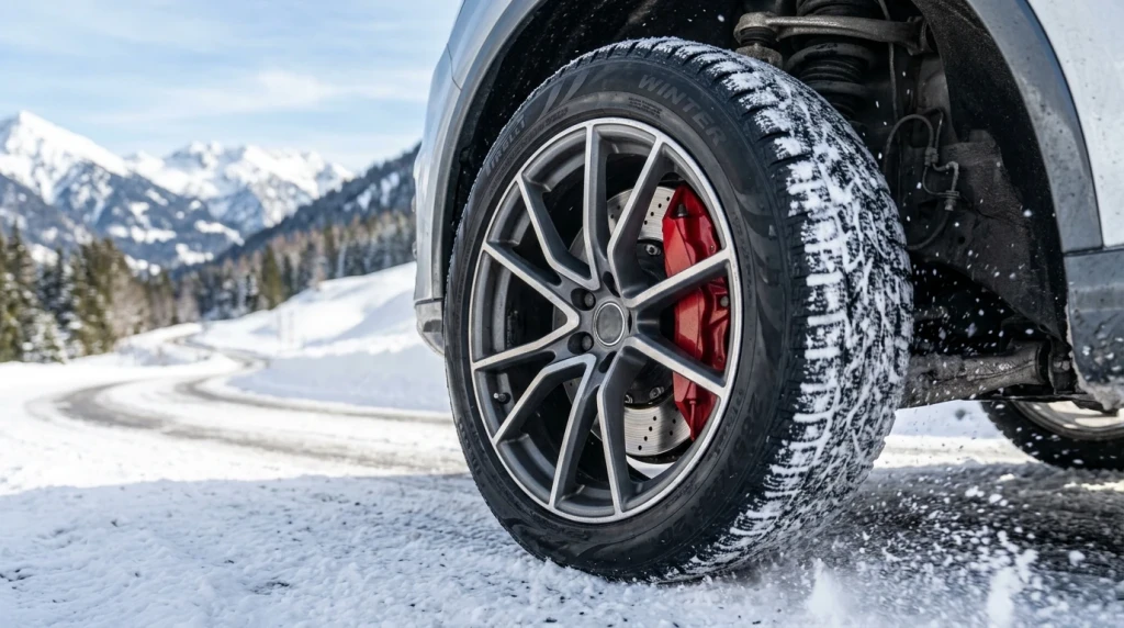 Funktionsweise des 4ETS Traktionssystems von Mercedes-Benz auf verschneiter Fahrbahn.